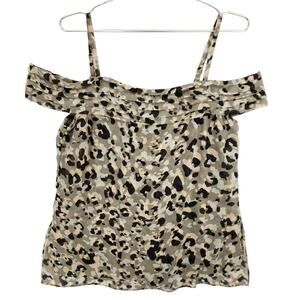 CAbi Blouse Women Small Multicolor Leopard Camo Cold Shoulder Chiffon Casual Top